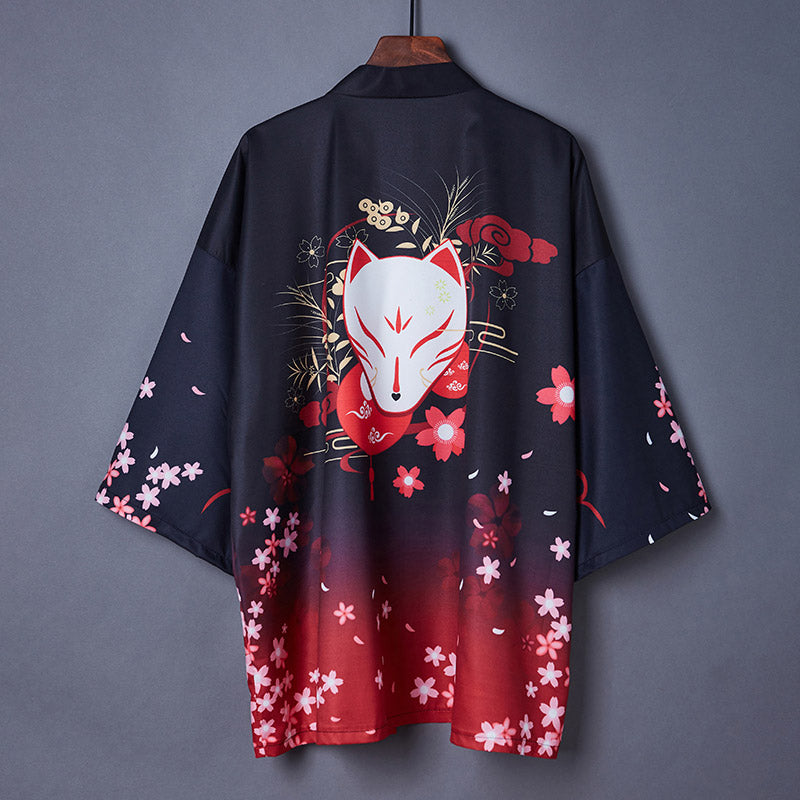 Charming Sakura Fox Print Kimono Outerwear Modakawa