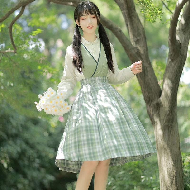 Sweet Bamboo Shirt Plaid Skirt Outerwear Set Modakawa