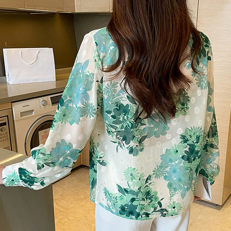 Green Floral Print Puff Sleeve Chiffon Shirt modakawa