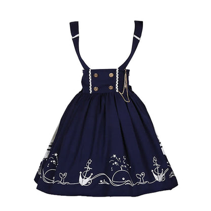 Sailor Collar Shirt Cartoon Dolphin Print Suspender Skirt modakawa