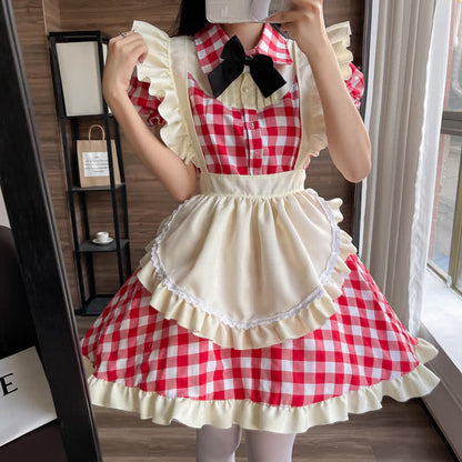 Sweet Bow Knot Ruffled Plaid Maid Dress Modakawa