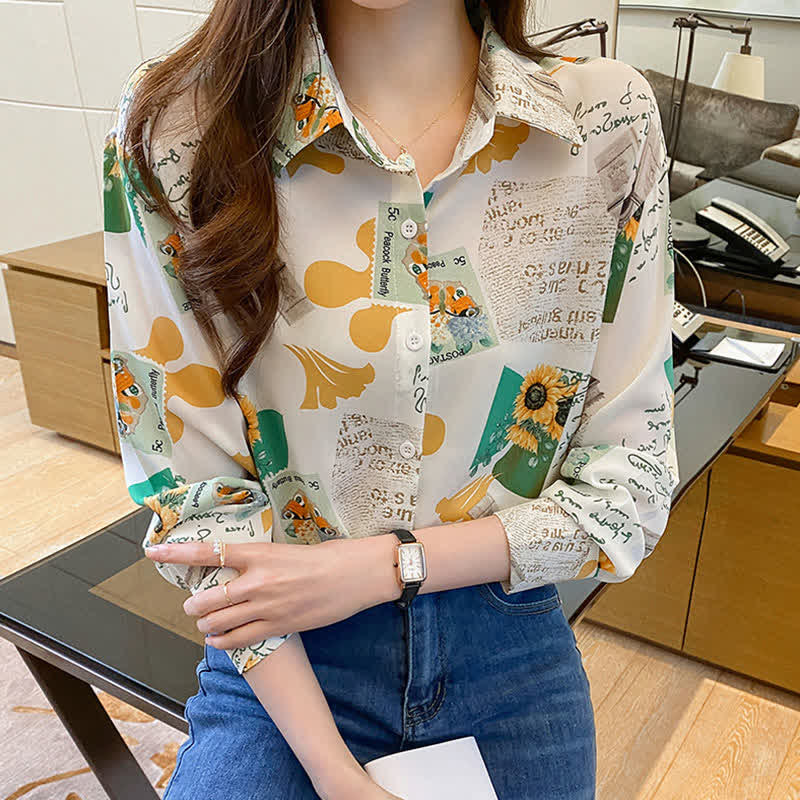 Chic Floral Letter Print Chiffon Shirt Workwear modakawa