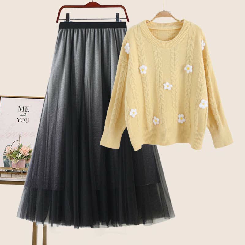 Blossom Decor Sweater Tulle Skirt modakawa