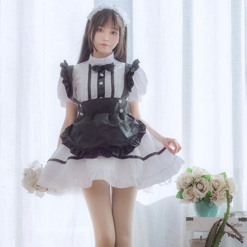 Kawaii Cosplay Lolita Maid Costume Dress Ruffle White Black Modakawa