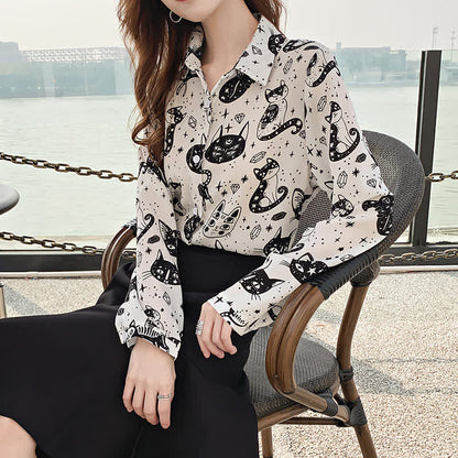 Black White Kitty Print Lapel Chiffon Shirt modakawa