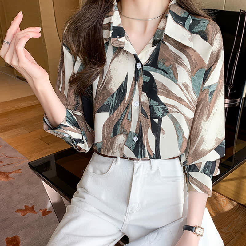 Elegant Colorblock Lapel Long Sleeve Chiffon Shirt modakawa