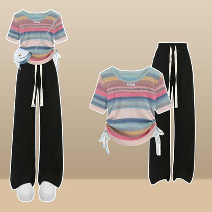 Rainbow Stripe T-Shirt Casual Draw String Shorts Pants modakawa