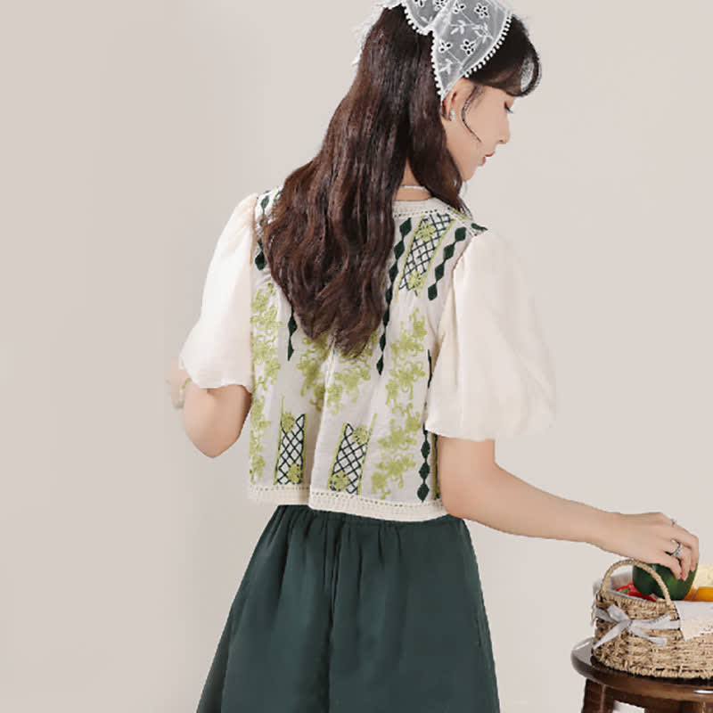 Green Graphic Embroidery Puff Sleeve T-Shirt High Waist Skirt modakawa