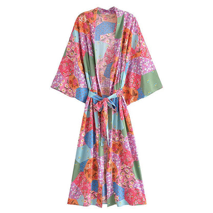 Boho Beach Print Belt Robe Long Cardigan Outerwear modakawa