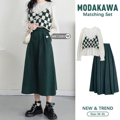 Green Plaid Vest Chiffon Shirt Pleated Skirt Set Modakawa