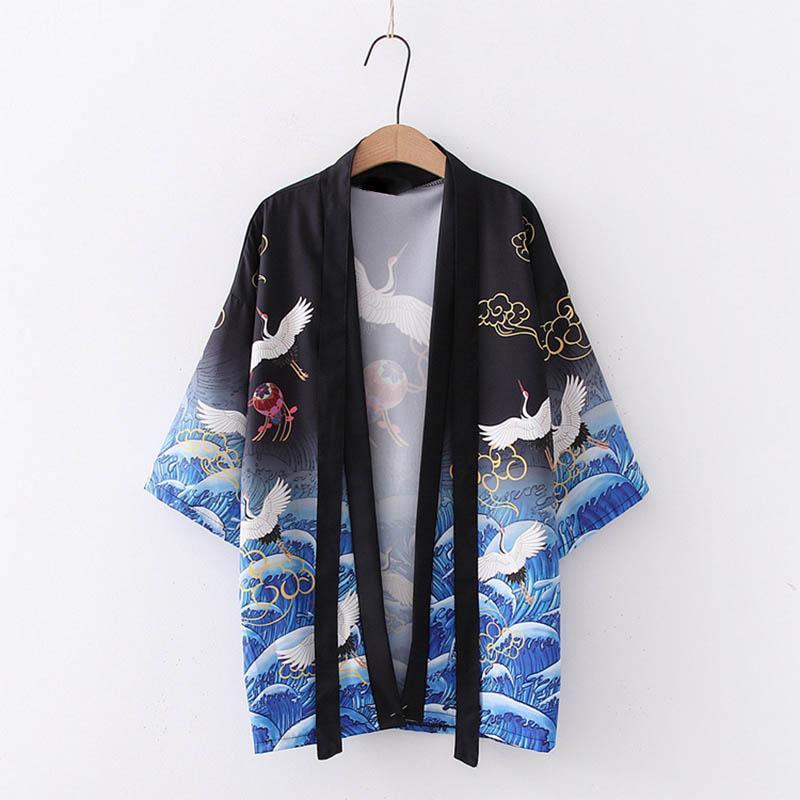 Crane Print Belted Kimono Outerwear Sun Protective Modakawa