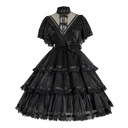 Elegant High Collar Lace Bow Knot Lolita Dress modakawa