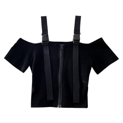 Black Cool Buckle Strap Zipper Crop Top Belted Pleated Skirt modakawa