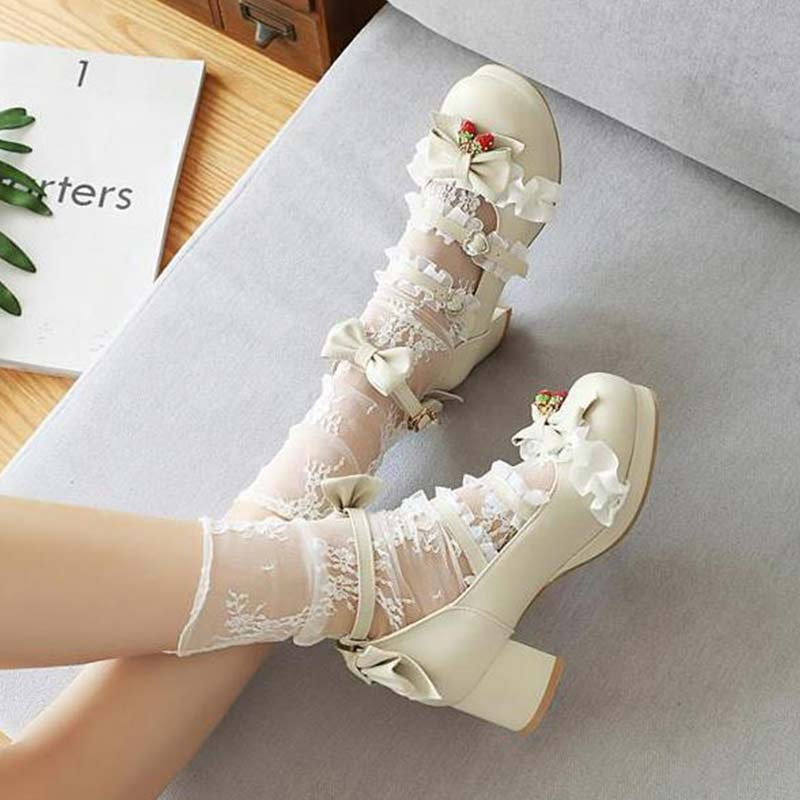 Kawaii Lace Bow Lolita Kitten Heel Mary Janes Shoes Modakawa