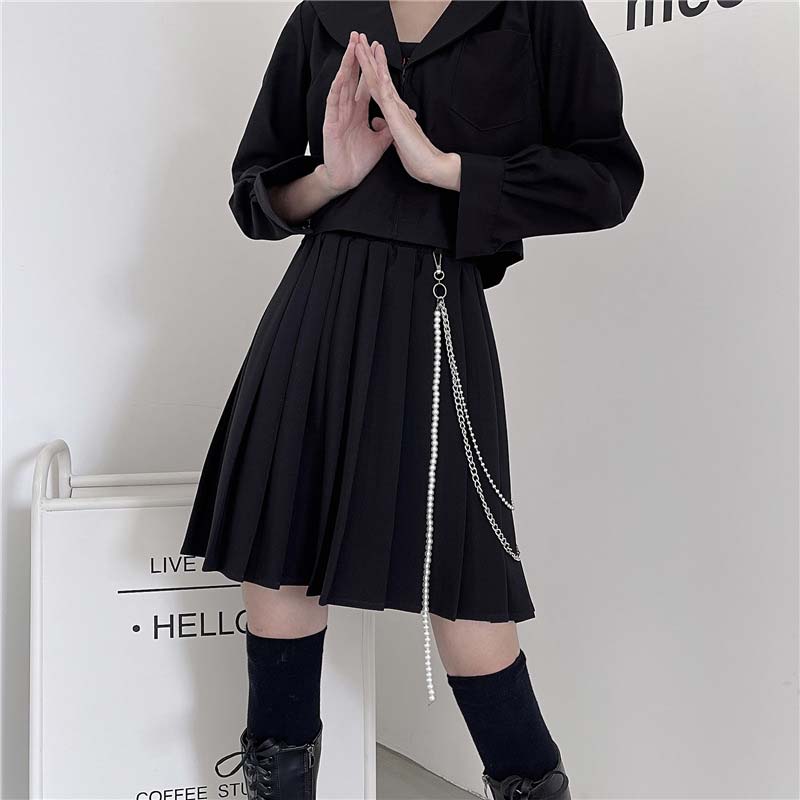 Gothic Chain Pure Color Pleated Skirt modakawa