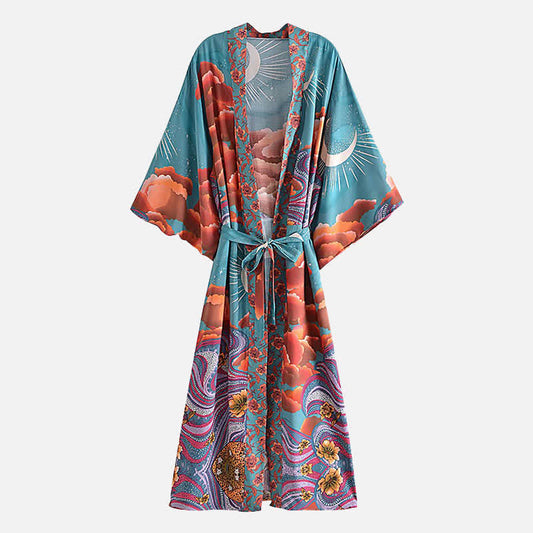 Boho Beach Moon Print Belt Robe Long Cardigan Kimono Outerwear modakawa