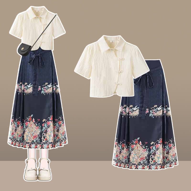 Graceful Hanfu Buckle T-Shirt Lace Up Graghic Print Pleated Skirt modakawa