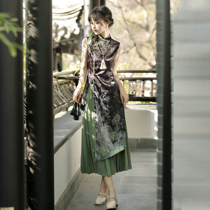 Elegant Bamboo Print Cheongsam Dress Pleated Skirt modakawa