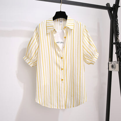 Fake Two Pieces Stripe Lapel T-Shirt Pocketed Denim Shorts modakawa