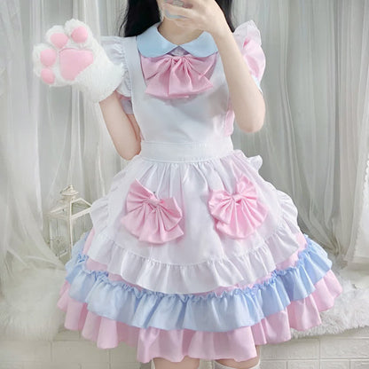 Sweet Pink Bow Knot Ruffled Maid Lolita Dress Modakawa