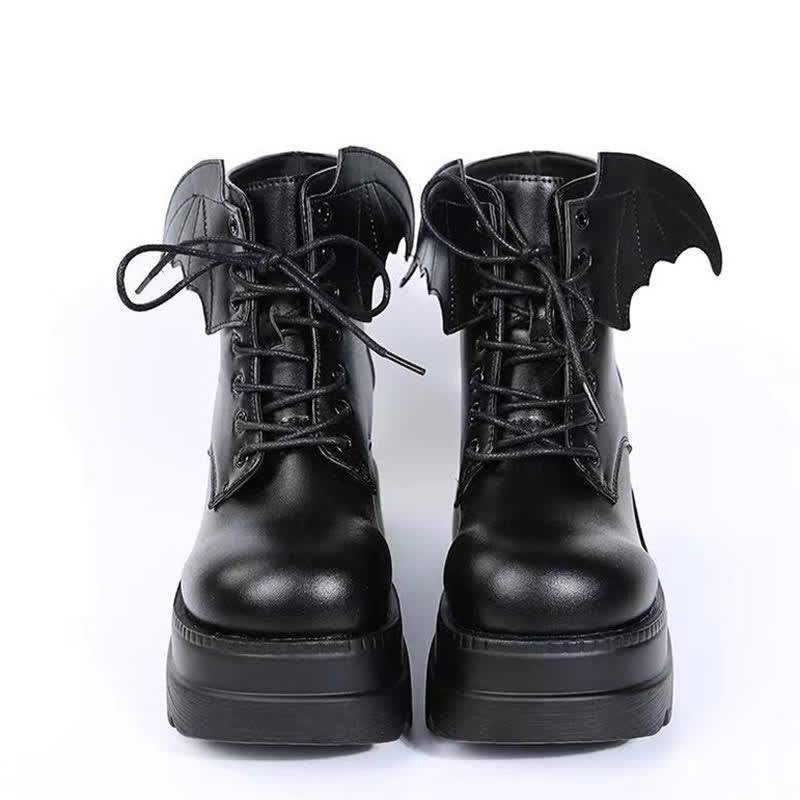 Black Punk Goth Wings Lace Up High Wedge Boots modakawa