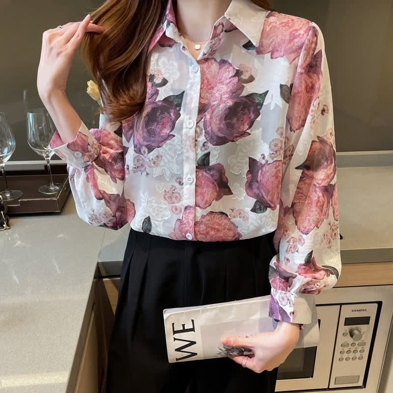 Pink Floral Embroidery Puff Sleeve Chiffon Shirt Workwear modakawa