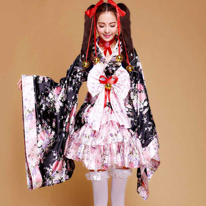 Cosplay Flower Print Bowknot Kimono Costume modakawa