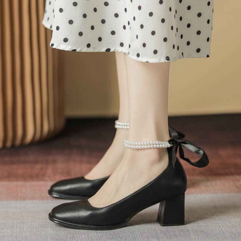 Elegant Pearl Bow High-heeled Shoes Modakawa