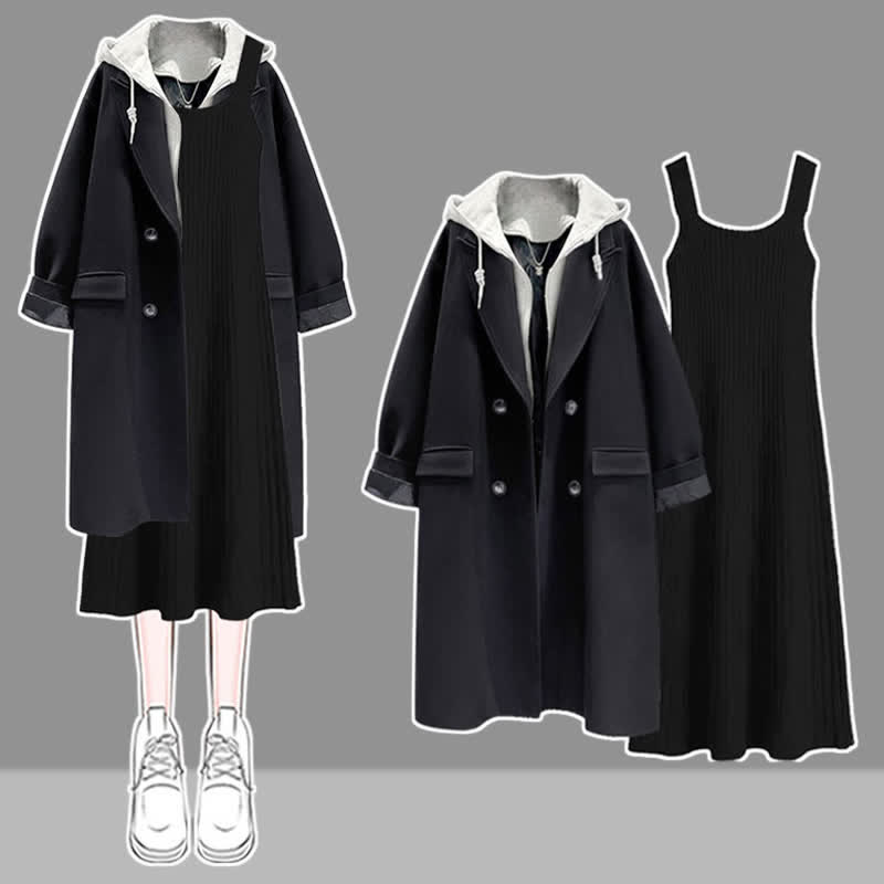 Black Colorblock Hooded Coat Knit Slip Dress modakawa