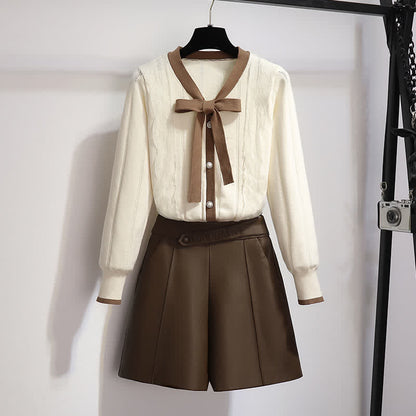 Elegant Bowknot Cardigan Sweater Elastic Waist Shorts modakawa