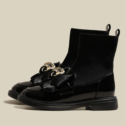 Black Bow Slip-On Leather Sock Boots Modakawa