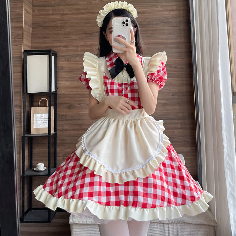 Sweet Bow Knot Ruffled Plaid Maid Dress Modakawa