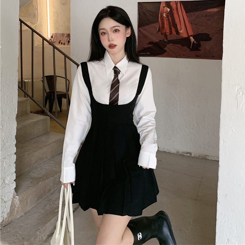 White Shirt Pleated Suspender Skirts Tie Set Modakawa