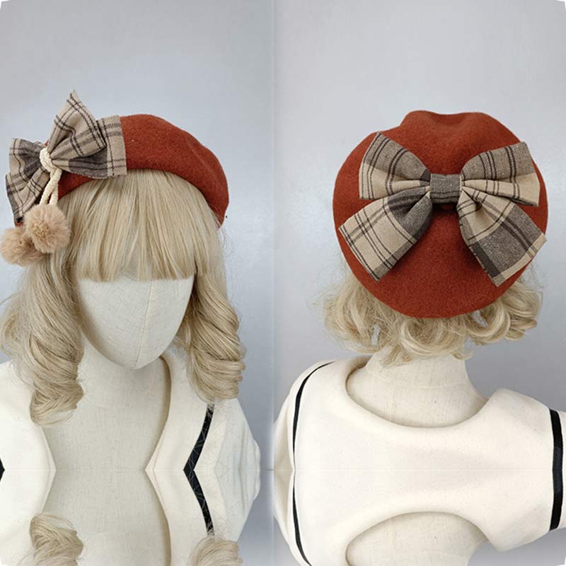 Vintage Bow Knot Plaid Lolita Beret modakawa