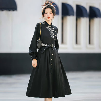 Elegant Black Vintage Embroidery Belted Pleated Dress modakawa