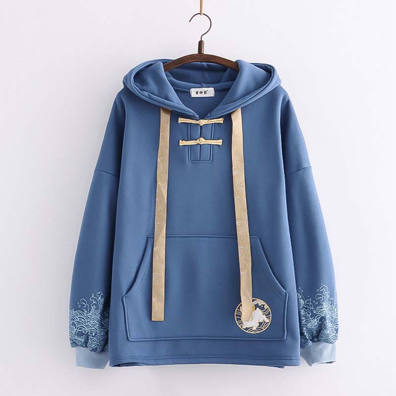 Casual Rabbit Embroidery Wave Print Hoodie modakawa