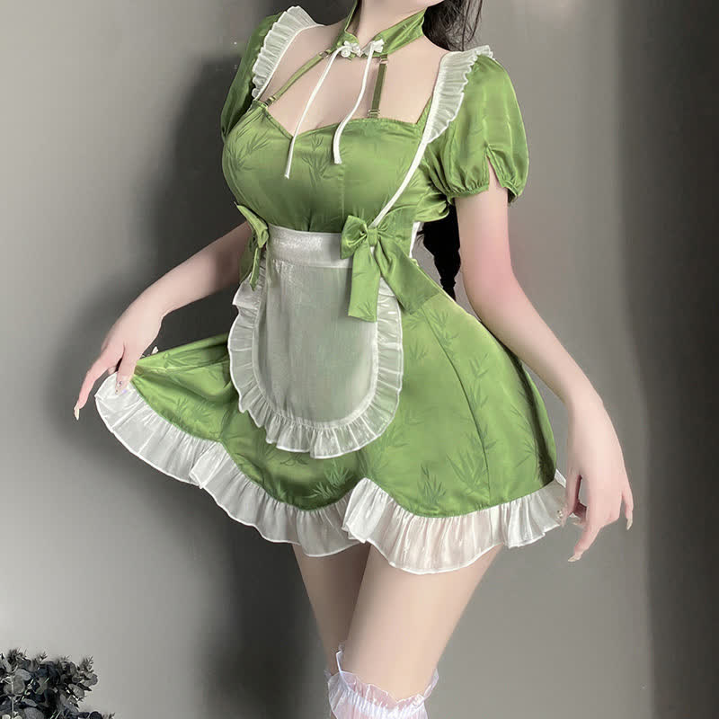 Green Maid Vintage Buckle Bow knot Lingerie Set modakawa