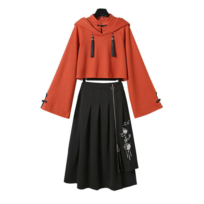 Tassel Hoodie Vintage Sweatshirt Skirt Set Modakawa