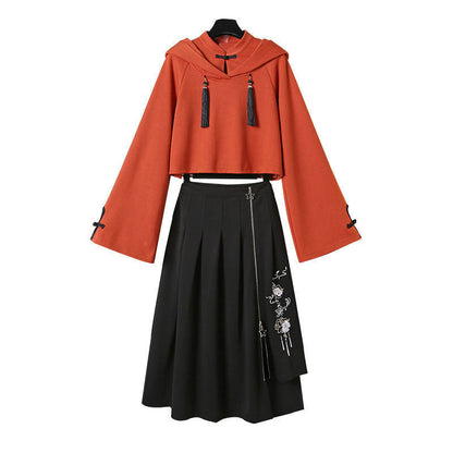 Tassel Hoodie Vintage Sweatshirt Skirt Set Modakawa