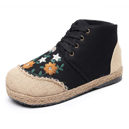 Elegant Embroidery Floral Lace up Canvas Boots Modakawa