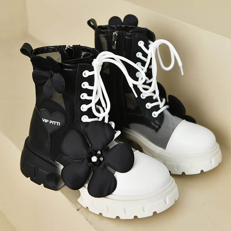 Gradient Color Floral Mesh Platform Boots Modakawa