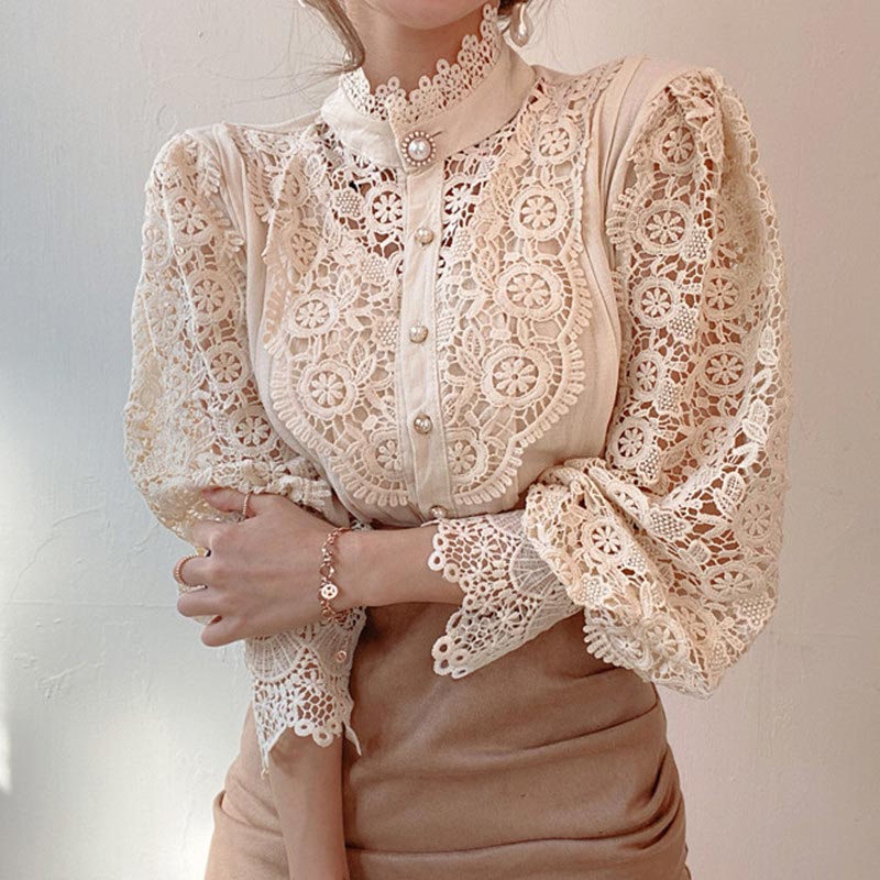 Elegant Pearl Hollow Out Lace Shirt Modakawa