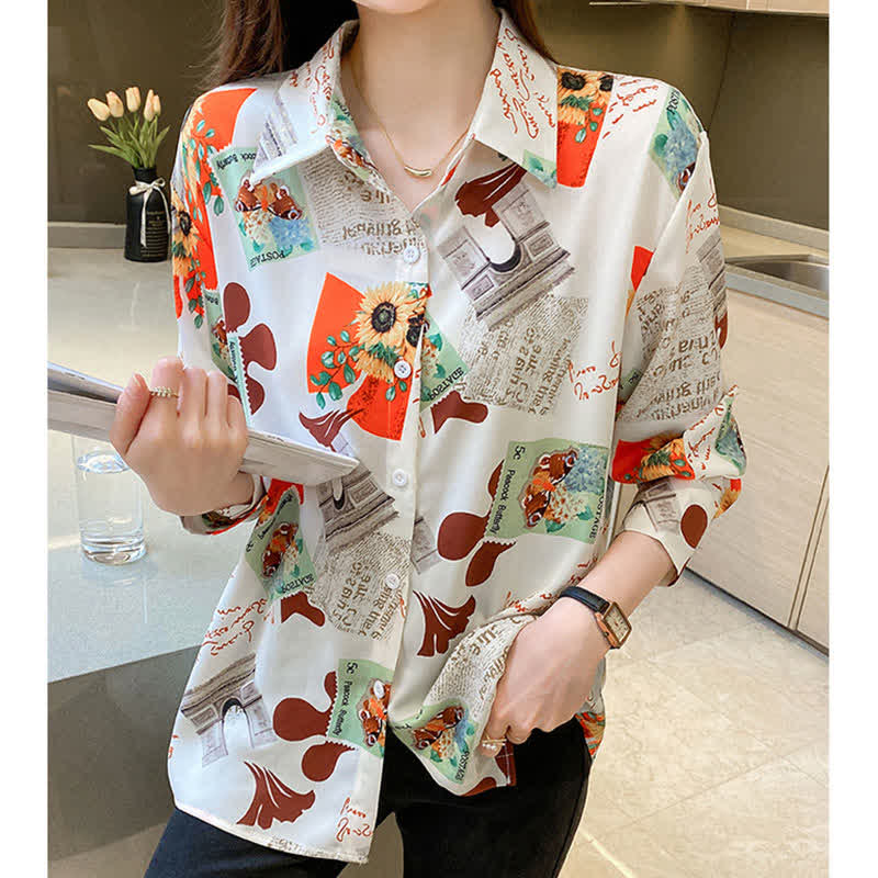 Chic Floral Letter Print Chiffon Shirt Workwear modakawa