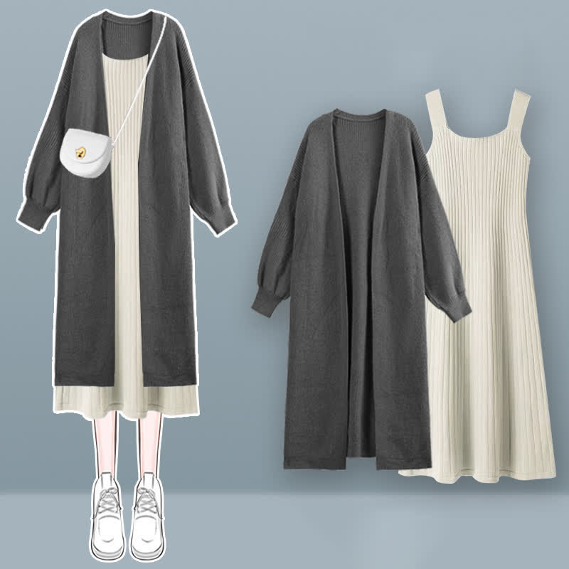 Chic Knit Cardigan Outerwear Slip Dress Set modakawa