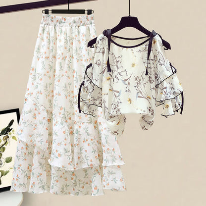 Floral Print Shoulder Chiffon Shirt Flowers Skirt modakawa