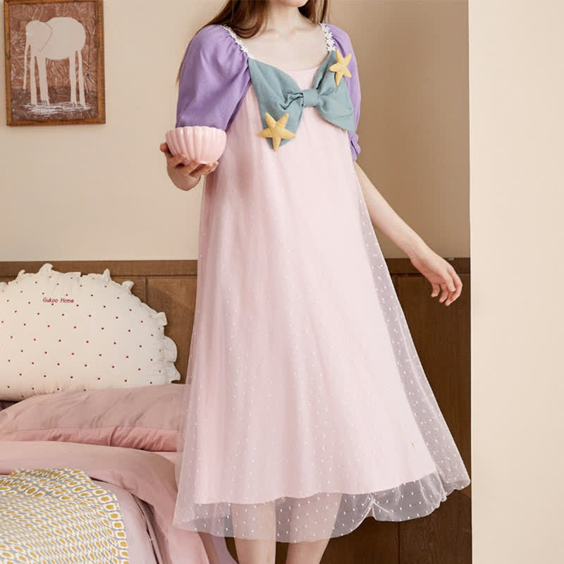 Square Collar Bowknot Mesh Mermaid Nightgown Pajamas Set modakawa