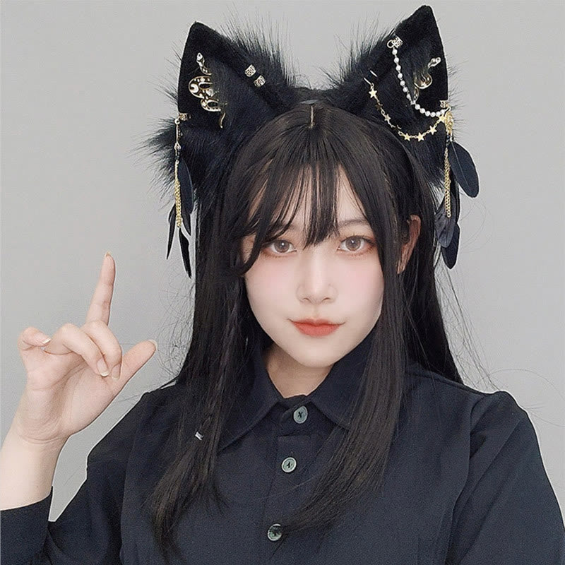 Black Snake Feather Wolf Ears Furry with Chain Headband modakawa