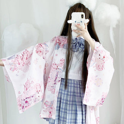 Cat Sakura Print Loose Cardigan Kimono Outerwear modakawa