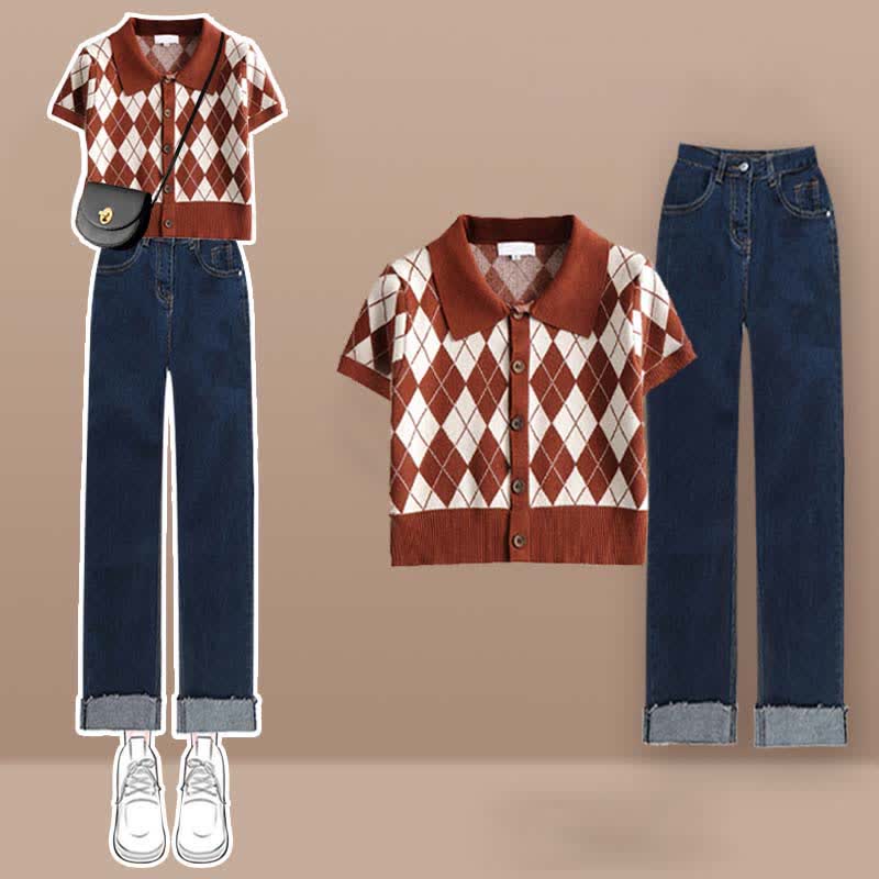 Rhombus Pattern Crop Top T-Shirt Denim Pants Set modakawa