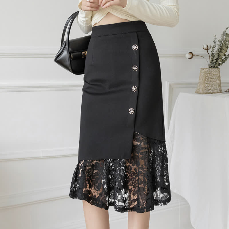 Elegant Lace Stitching Button Front Skirt modakawa